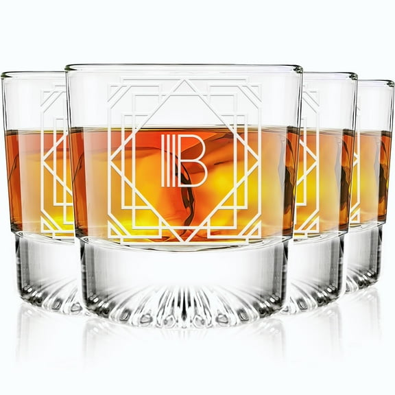 Greenline Goods - Monogram Art Deco Etched Letter B Whiskey Glass Perfect for Bourbon, Scotch, Liquor, Cocktail - Crystal Whiskey Glasses Set of 4 - Best Tasting Experience with Vintage Rocks Glasses