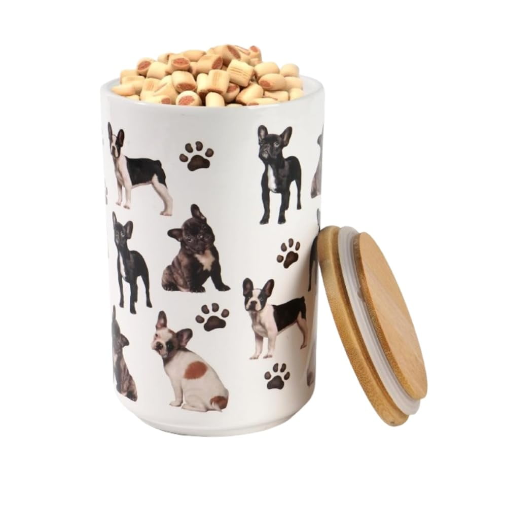 French Bulldog Ceramic Airtight Treat Canister with Wooden Lid