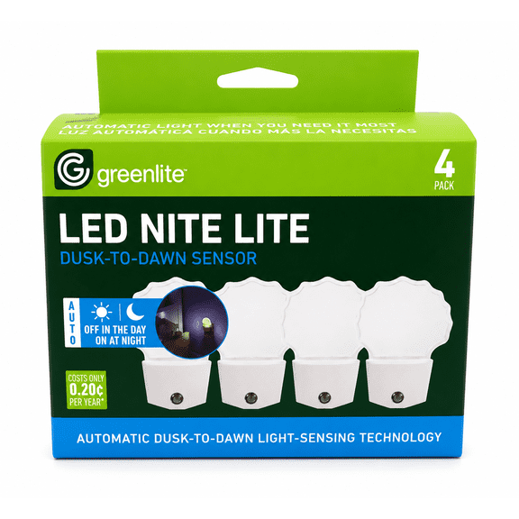 Greenlite LED Night Light with Dusk-to-Dawn Sensor, Automatic On/Off, 4 Pack
