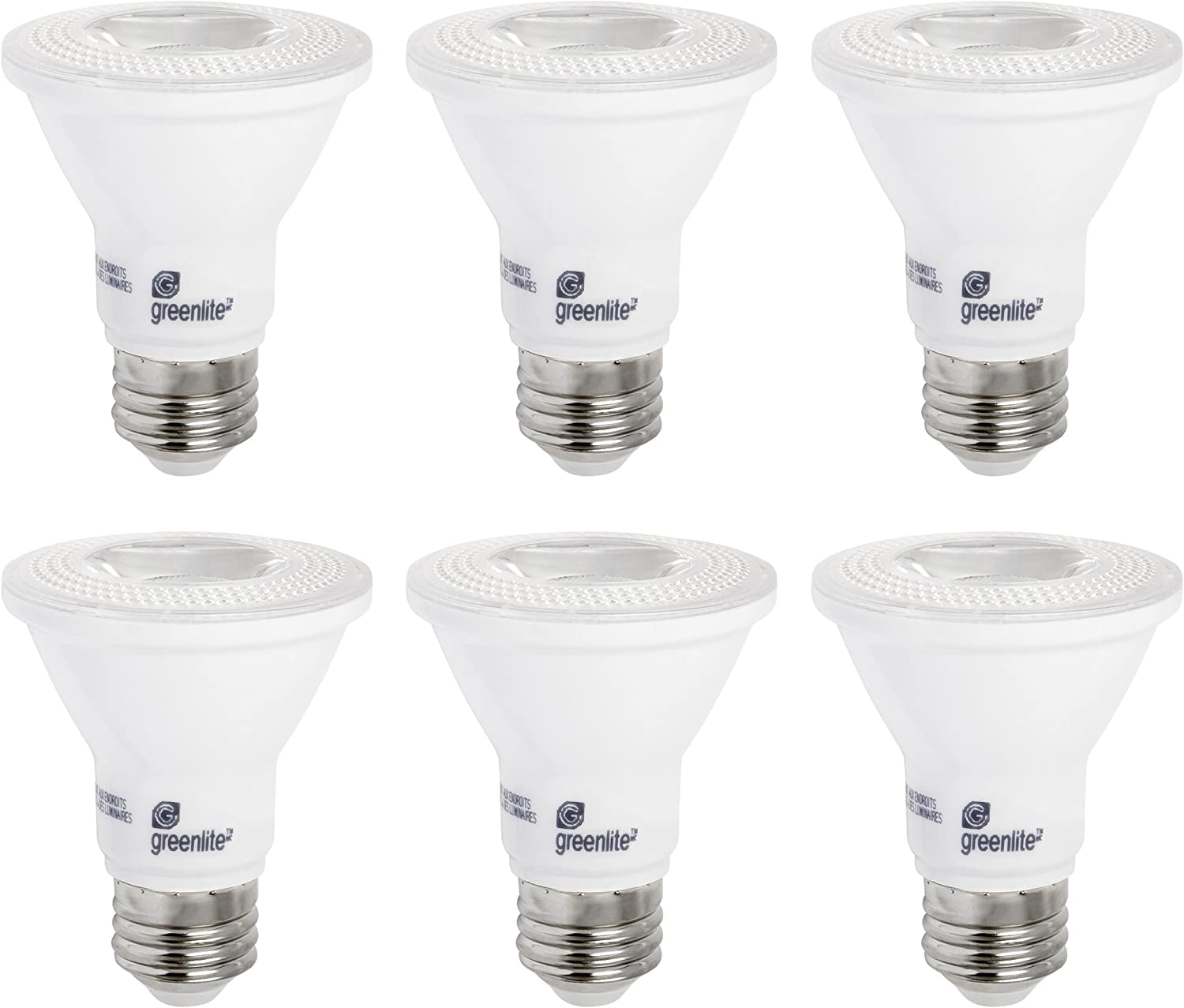 Greenlite LED PAR20 Dimmable Flood Light Bulb, 7W (50W Equivalent), 500 Lumens, 3000k Bright White, Narrow Flood 40° Beam Angle, Indoor, 120V, Energy Star Certified, (Pack of 6)