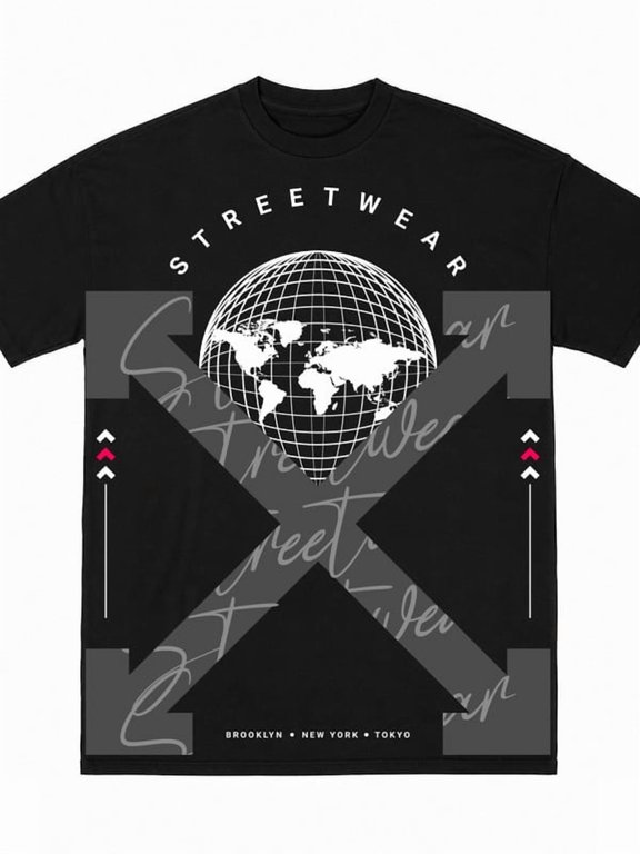 Greennink Men Casual Black Graphic Tee, Global World Map Urban Streetwear Large Front Print Short Sleeve T-Shirt