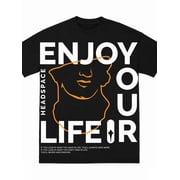 Greennink Men Streetwear Black Tee, Headspace Enjoy Life Minimal Line Figure Large Front Print T-Shirt