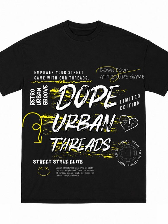 Greennink Men's Black T-Shirt, Dope Urban Threads Graffiti Letter Large Front Graphic Print Streetwear Tee