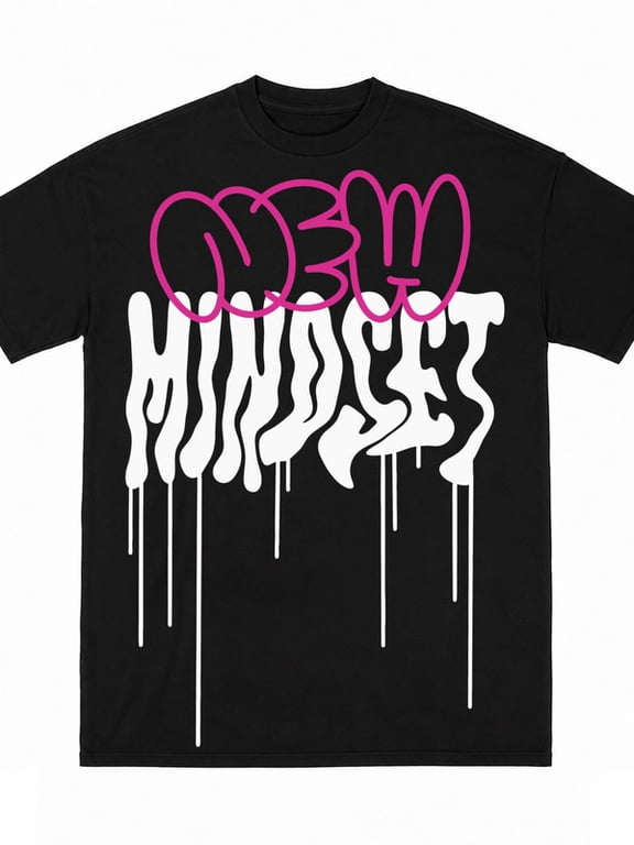 Greennink Men's Black T-Shirt, New Mindsets Drip Graffiti Letter Large Front Graphic Print Streetwear Short Sleeve Tee