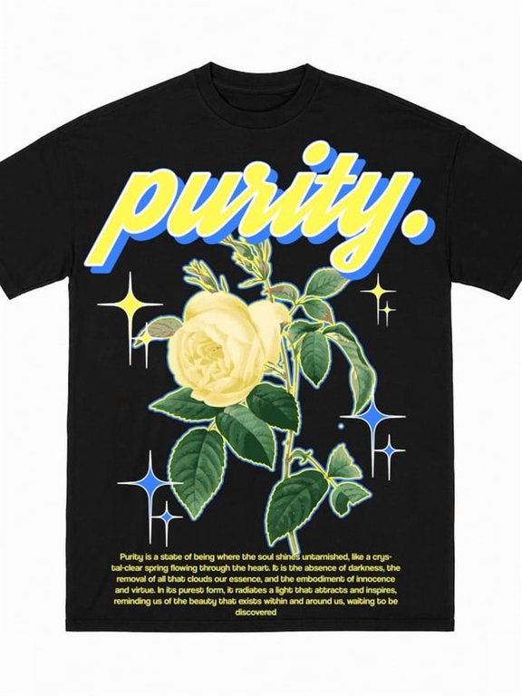 Greennink Men's Black T-Shirt, Purity Yellow Rose Retro Flower Large Front Graphic Print Streetwear Tee