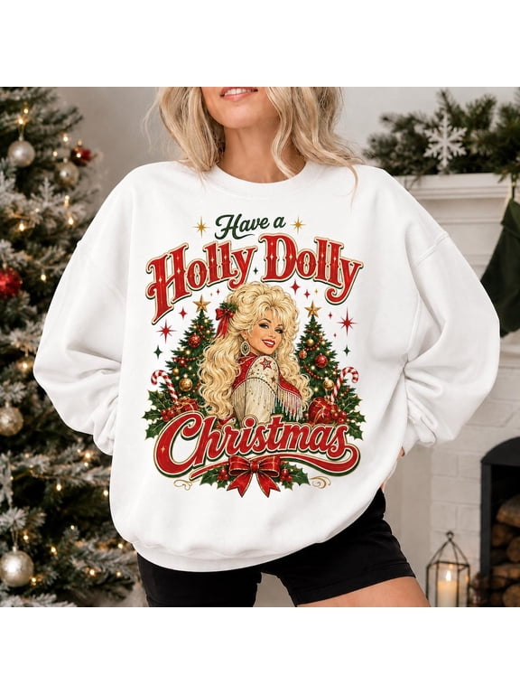 Holly Dolly Christmas Pullover, Glam Country Cotton Blend Crewneck, S-5XL