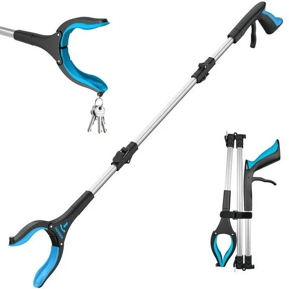 Greenparty 1 Pack 32" Extra Long Foldable Reacher Grabber Tool, Portable Trash Claw Grabber Reaching Aid Pick up Tool,Blue