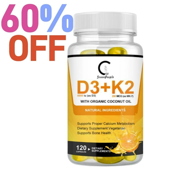 Greenpeople Vitamins D3+K2 Capsules 120 Pcs, Supports Heart & Joint Health, Immune Support (Non GMO, Gluten Free)