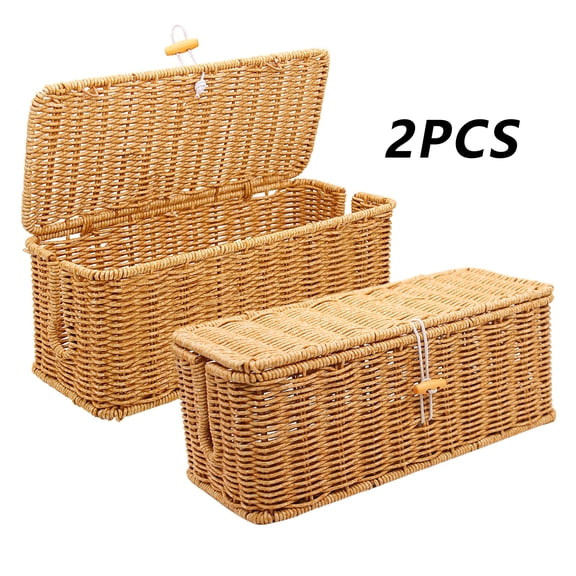 Greenpod 2PCS Cable Management Box, Handmade Rattan Cable Organizer, Open Slots Cords Hider Box Cord Basket Under Desk Cord Organizer for Computer Router USB Hub & Power Strip