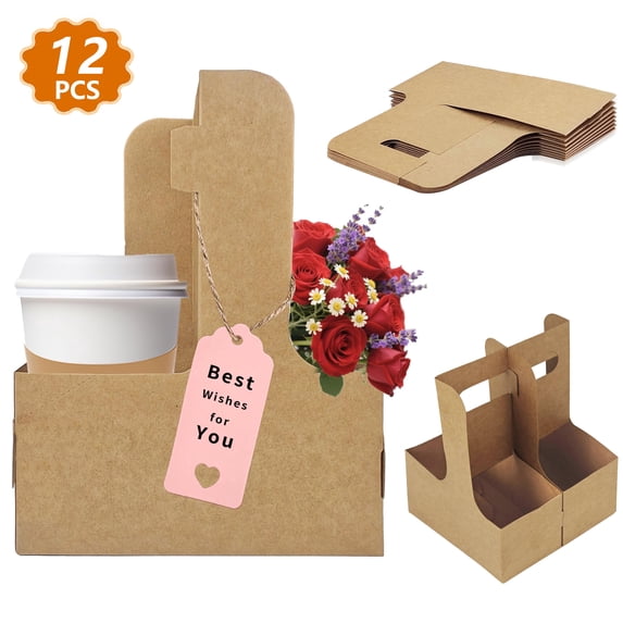 Greenpod 4 Cup Drink Carrier,12 Pack Coffee Cup Holders with Handle,Cardboard Cup Holders for Hot or Cold Drinks,Coffee Carrier with Ribbon and Card,Food Delivery Services and Bouquet(Kraft)