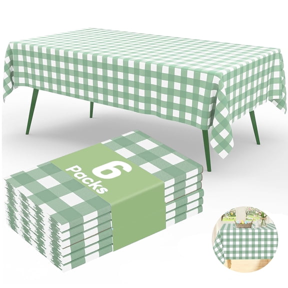 Greenpod 6PCS Rectangle Table Cloth, Waterproof Vinyl Tablecloths , Wipeable Buffalo Plaid Table Cover for Dining, Indoor and Outdoor(Green& White, 54"x108")