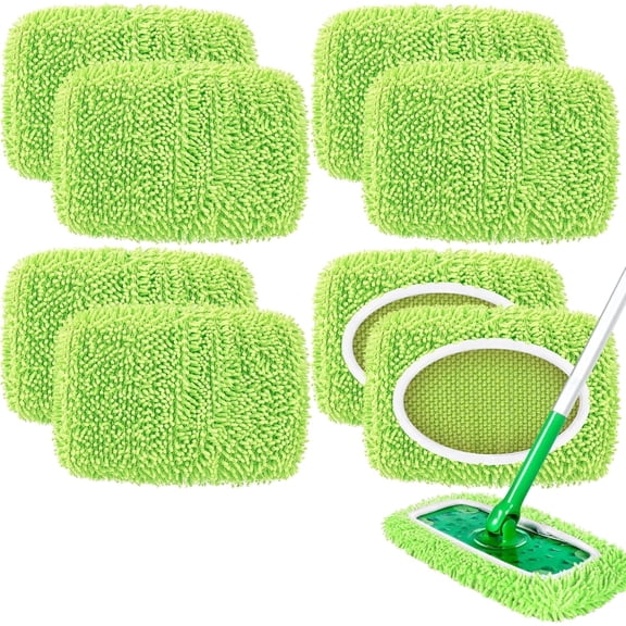 8 Pack Reusable Mop Pads, Microfiber Chenille Washable Mop Pads for Standard Size Sweeping Mops, Dry & Wet Mopping Cloths (Green)