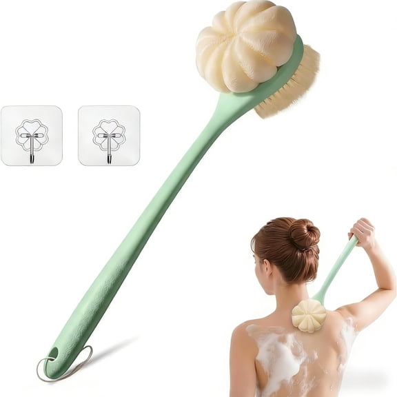 Greenpod Back Scrubber for Shower, 15.7" Loofah with Handle, Back Shower Brush with Bristles and Loofah, Dry Brushing Body Brush for Cleanse Back and Hard to Reach Areas with Curved Long Handle