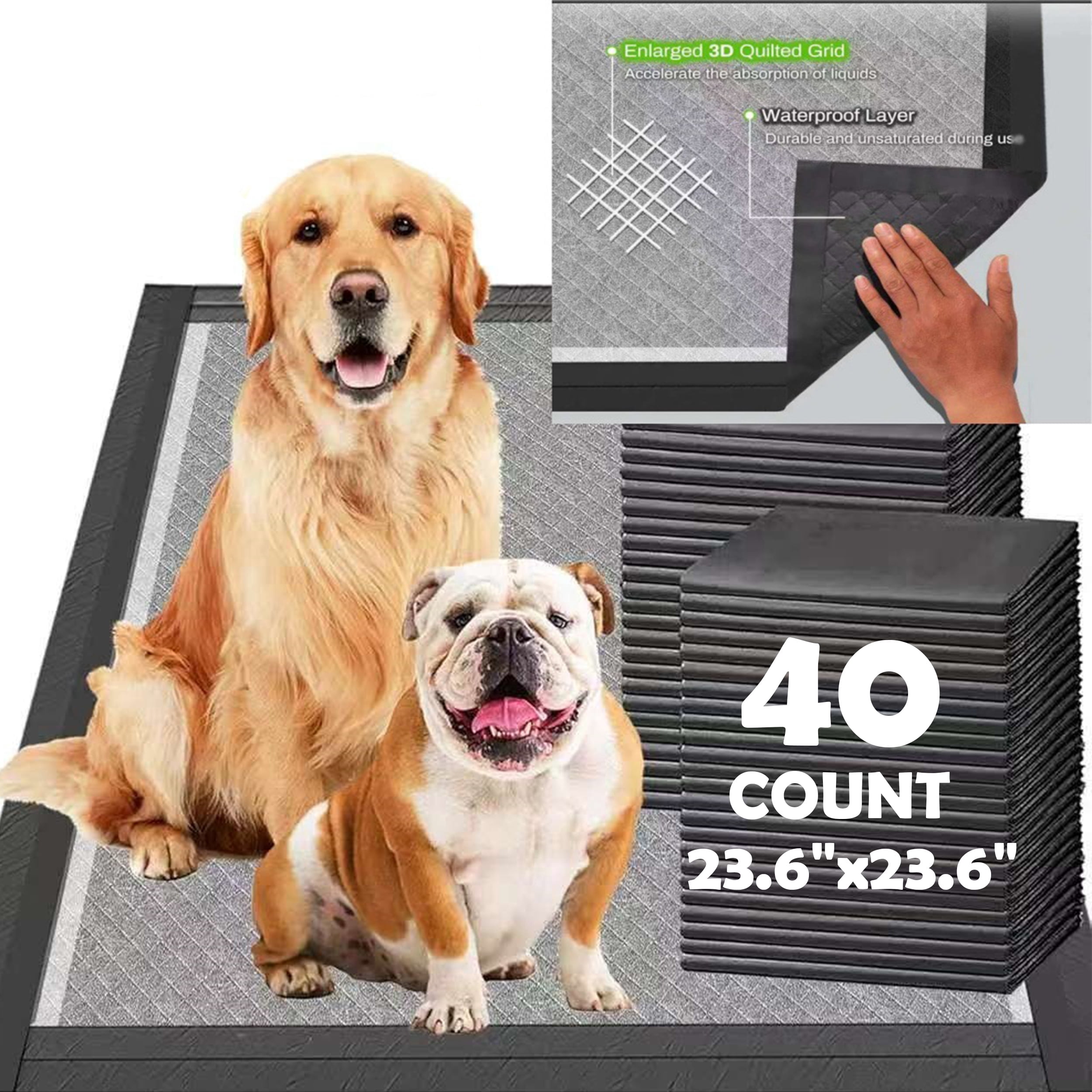Greenpod Dog Pee Pads for Dogs XXL 23.6"x23.6" Charcoal Puppy Pads 40 Counts Extra Large Disposable Activated Carbon Super Absorbent Full Edge-Wrapping Odor-Control Training Pads with Adhesive Tabs
