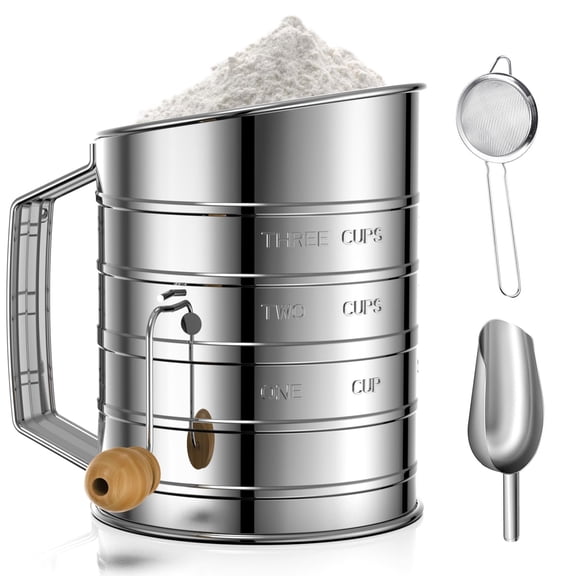 Greenpod Flour Sifter for Baking, Stainless Steel 3 Cup Flour Sifter with Rotary Hand Crank, Fine Mesh and Agitator Flour Duster