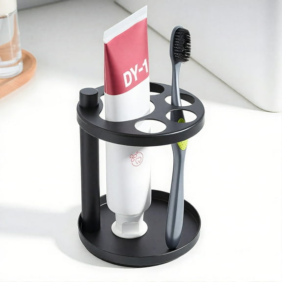 Greenpod Metal Toothbrush Holder Stand for Bathroom: Stainless Steel Ventilated Organizer with Slots for Electric Toothbrushes, Toothpaste, Razors & Small Comb, Unique Footprint Base Design, Black