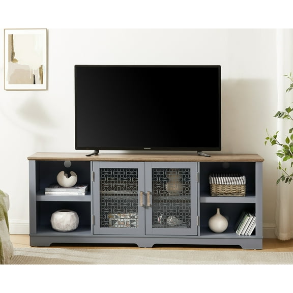 Greenpod Modern Farmhouse TV Stand for TVs up to 80" with 2 Glass Doors and Open Shelves, TV Console Table Media Entertainment Center for Living Room, Light Blue and Light Oak