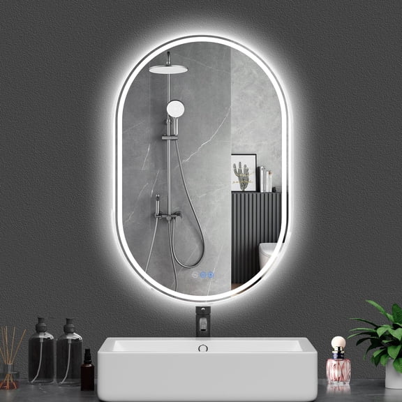 Greenpod Oval LED Bathroom Mirror, 16"x 24" Frameless LED Mirror with Front Light and Backlit, Anti-Fog, Dimmable Modern Wall Mounted Lighted Mirror, Pill-Shaped Smart Mirror Bathroom