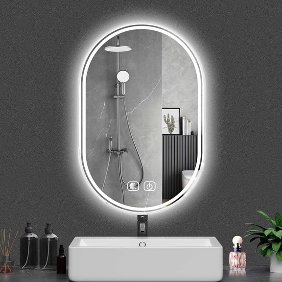 Greenpod Oval LED Bathroom Mirror, 16"x 24" Frameless LED Mirror with Front Light and Backlit, Anti-Fog, Dimmable Modern Wall Mounted Lighted Mirror, Pill-Shaped Smart Mirror Bathroom