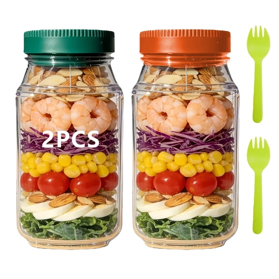 Greenpod 2PCS  Salad Mason Jar Side Opening - Leakproof Dressing Container, Lid-to-Bowl Design, Reusable Salad Jar & Salad Container for Lunch, Meal Prep on the go