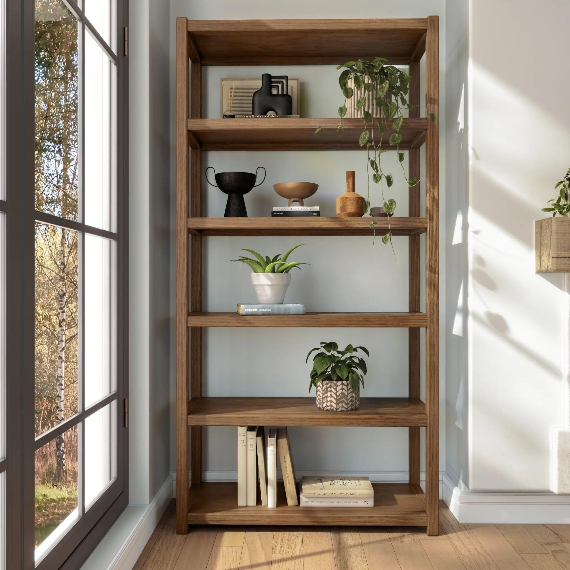 Greenport 72" Solid Wood Bookcase with Brushed Walnut Finish