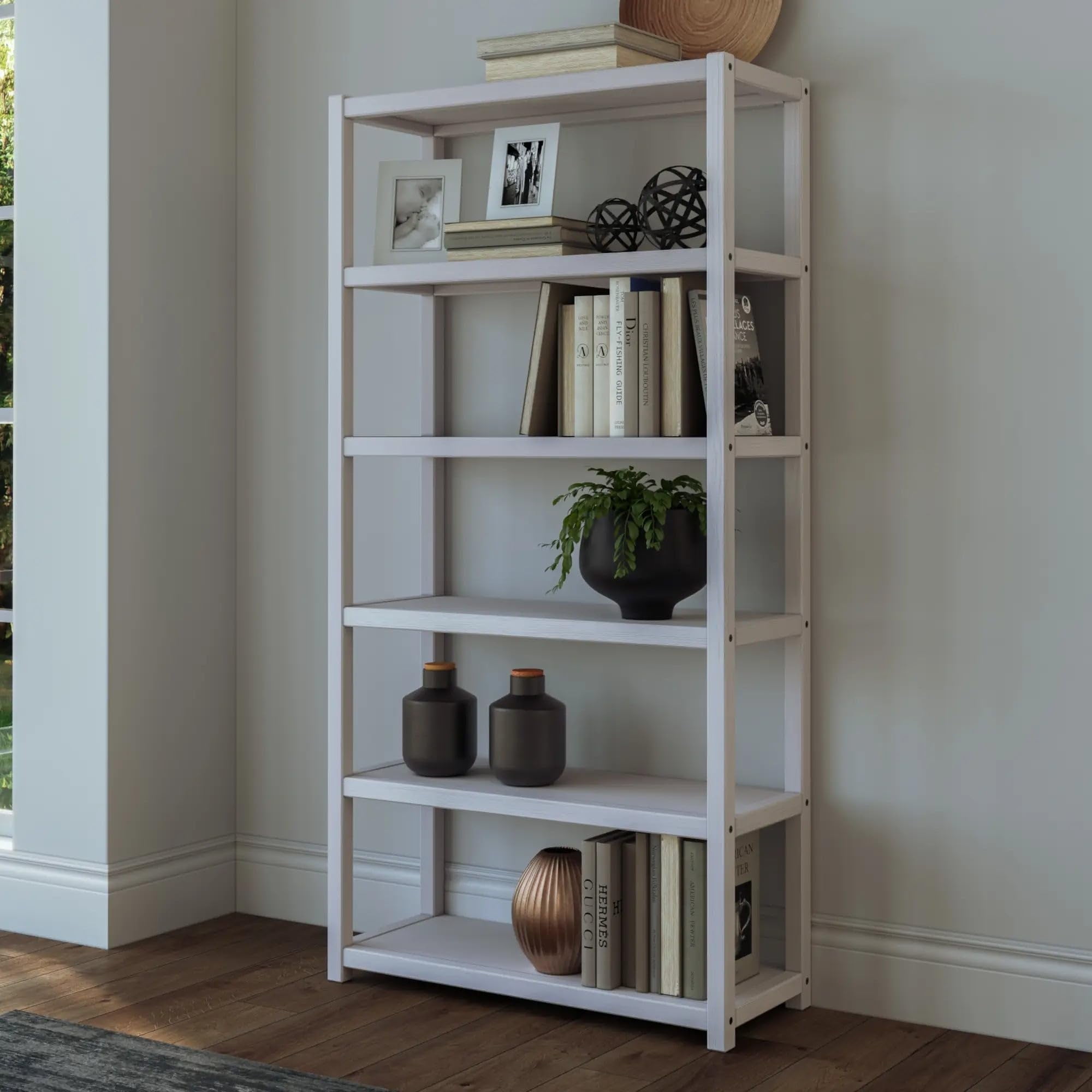 Greenport 72" Brushed White Solid Wood Bookcase