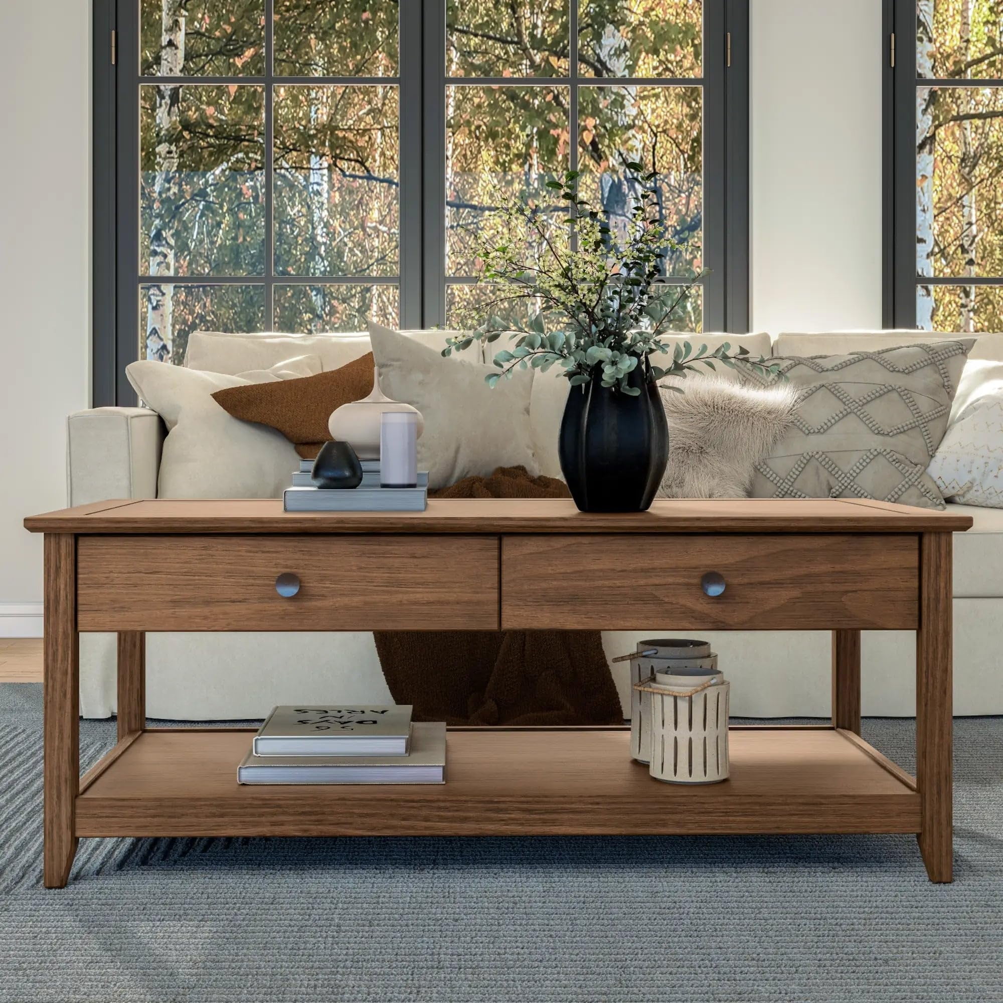 Greenport Brushed Walnut Solid Wood Coffee Table with Storage