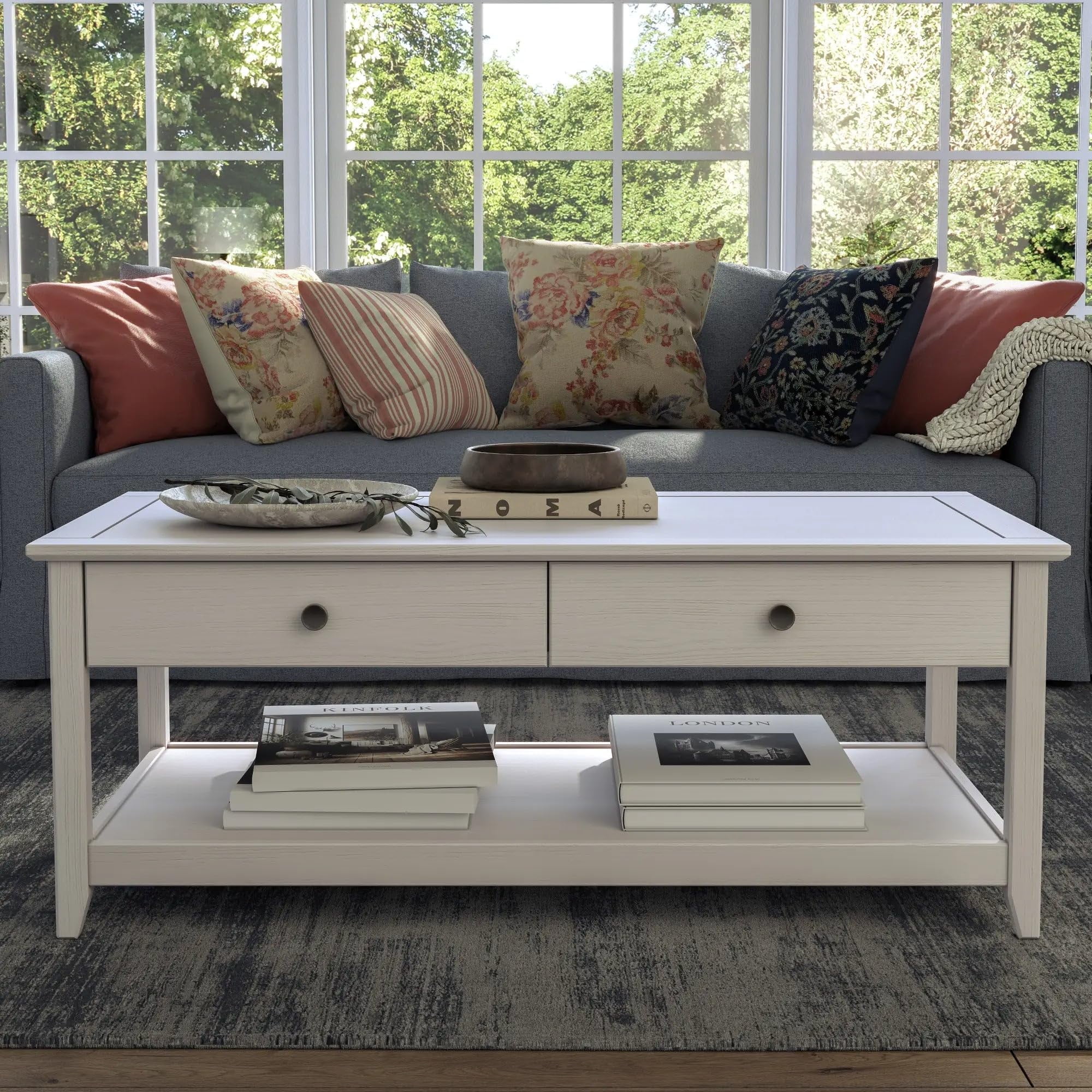 Greenport Brushed White Solid Wood Coffee Table with Storage