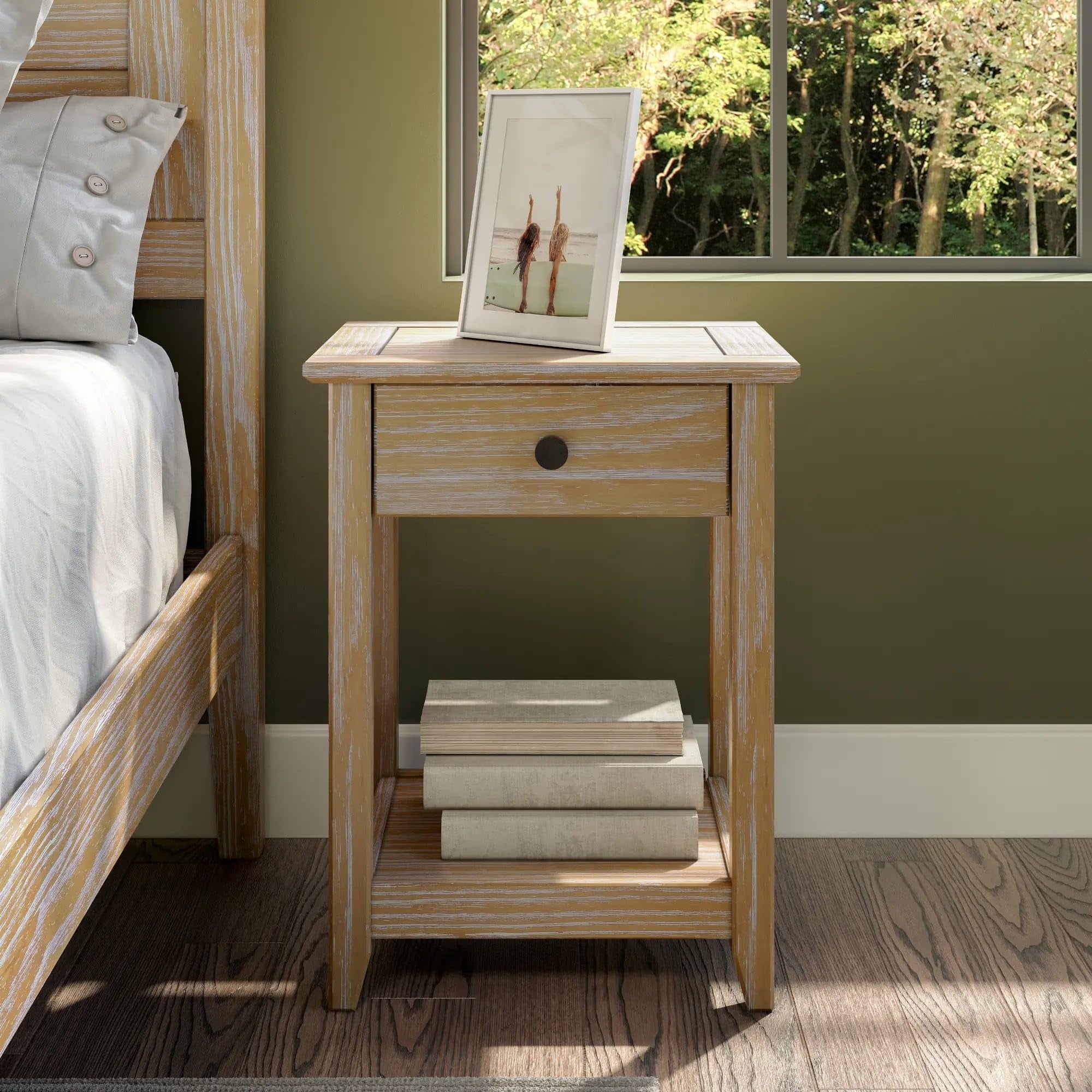 Brushed Driftwood Solid Wood End Table with Storage Drawer