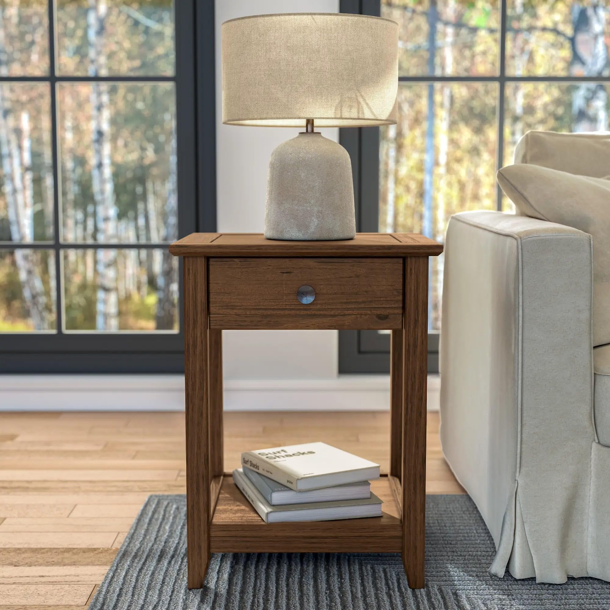 Brushed Walnut Solid Wood End Table with Storage Drawer
