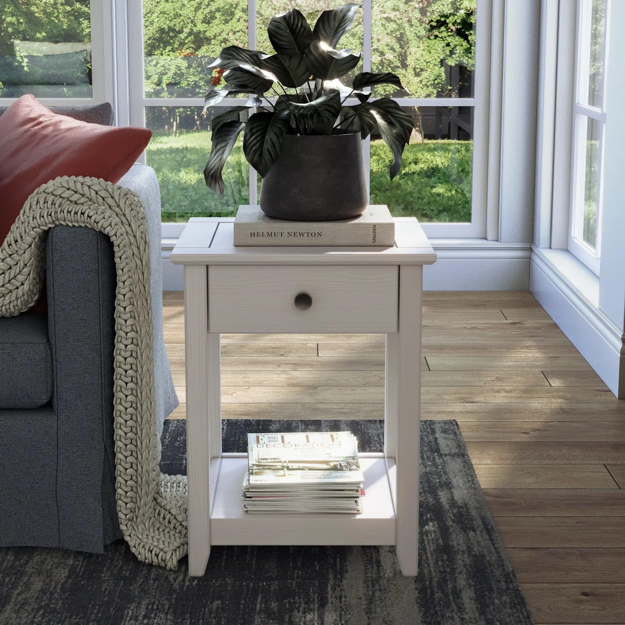 Brushed White Solid Wood End Table with Storage Drawer