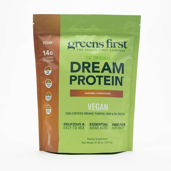Greens First Dream Protein Plant-Based Vegan Powder - USDA Organic Pumpkin, Hemp & Pea Protein - Gluten-Free, Non-GMO, No Added Sugar (Caramel Cappuccino, 27.42 oz)