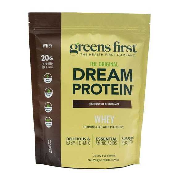 Greens First Dream Protein Powder Whey - 20g Protein Per Serving - Hormone-Free with Prebiotics - Non-GMO - No Artificial Sweeteners/MSG/Aspartame (Rich Dutch Chocolate, 28.04 oz)