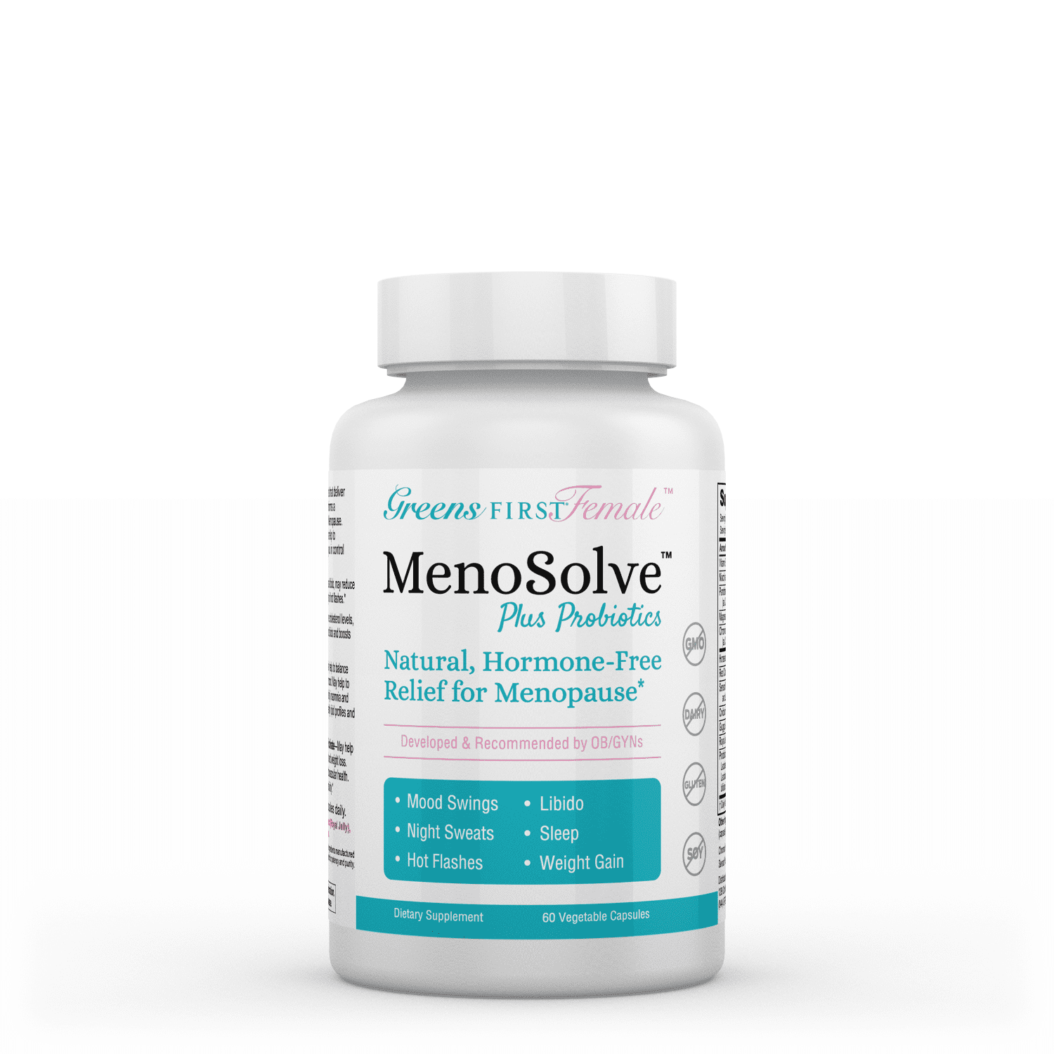 Greens First Female MenoSolve Plus Probiotics Menopause Natural Supplement for Women, Dairy-Free, Gluten-Free, Soy-Free, 60 Vegetable Capsules