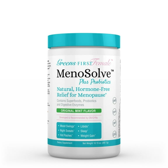 Greens First MenoSolve Plus Probiotics Powder - Natural Relief for Menopause Symptoms - Non-GMO/Dairy-Free/Soy-Free - With Red Clover Flower, Magnesium & Moringa Leaf (30 Servings)