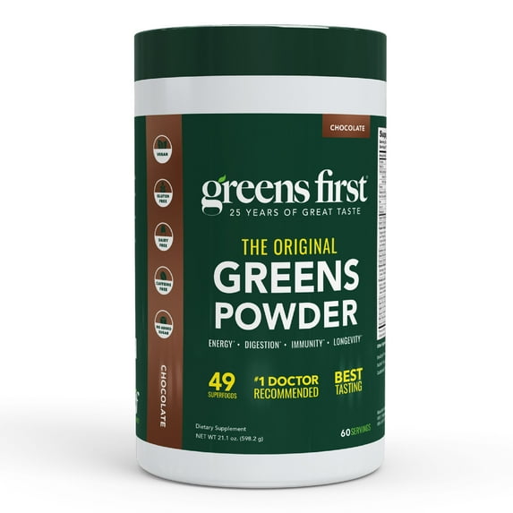 Greens First Original Greens Powder - 49 Superfoods - Organic Fruits & Veggies - Prebiotics, Probiotics, Digestive Enzymes - Antioxidant Smoothie - Dairy Free, Vegan, Non-GMO (Chocolate, 60