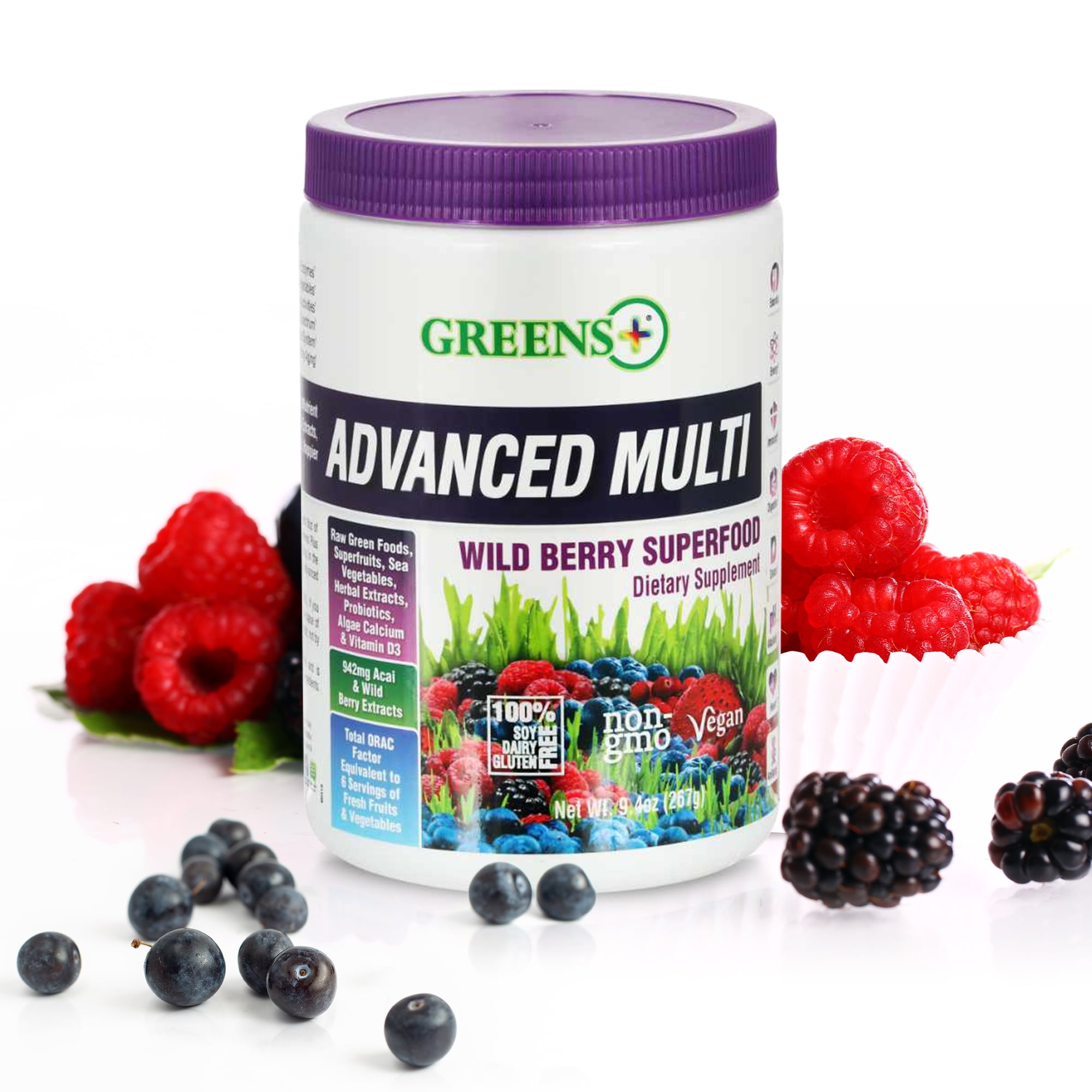 Greens Plus Advanced Multi Wild Berry Superfood Powder, Fruits and Veggies Supplement, 30