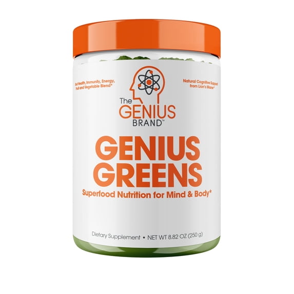 The Genius Brand Genius Greens - Greens Powder for Healthy Mind & Immunity Support - Organic Vegetables, Blueberries & Lion's Mane - Convenient Drink Mix - Pleasant Taste - 20 Servings