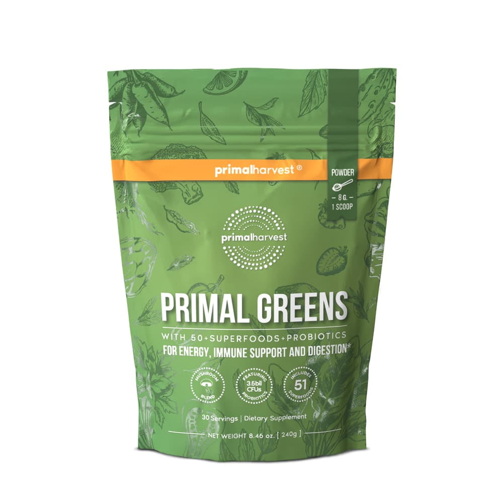 Primal Harvest Greens Powder: 50+ Superfoods, Probiotics & Adaptogens for Energy, Detox & Immunity (30ct)