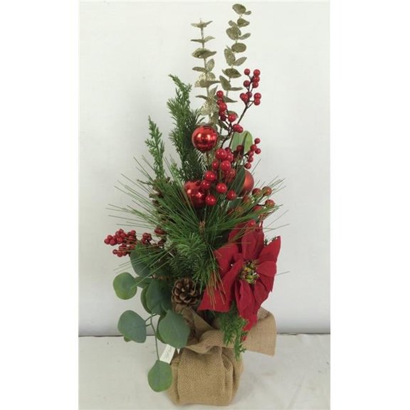 Greens, Red Berries Balls with Poinsettia Potted Faux Plants & Trees