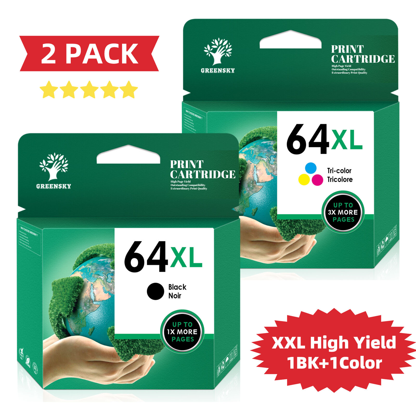 Greensky Printer Ink 64XL Replacement for HP 64 Ink Cartridge Combo for Envy Photo 7858 7855
