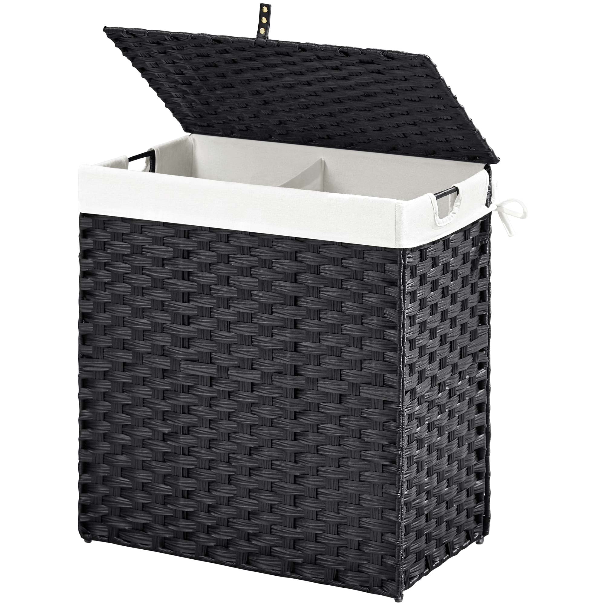 Rolanstar 110L Laundry Hamper Wicker Laundry Basket with Lid, Handles Clothes Hamper Foldable with 2 Removable Liner Bags, Black