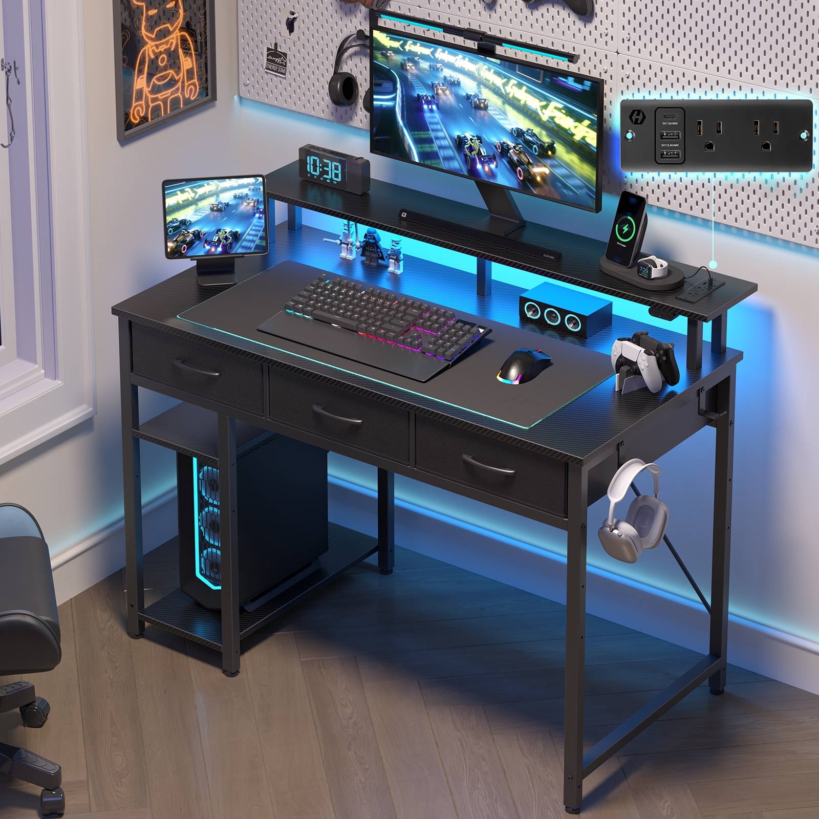 Greenstell 39" Computer Desk with Built-in Outlets & LED, 3-Drawer Office Desk with Monitor Stand, Black