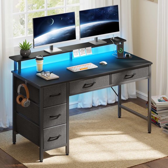 Greenstell 47 inch Computer Desk with Monitor Shelf, LED Lights, Power Outlets & 5 Storage Drawer, Home Office Desk, Black