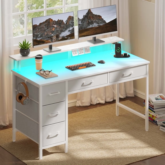 Greenstell 47 inch Computer Desk with Monitor Shelf, LED Lights, Power Outlets & 5 Storage Drawer, Home Office Desk, White