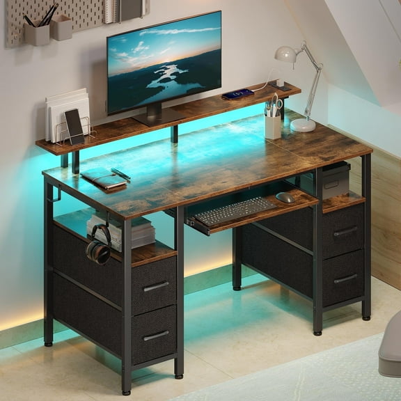 Greenstell 47 inch Gaming Desk with LED Lights, I-Shaped Computer Desk with Storage Drawers, Outlets and Monitor Stand,Home Office Desk, Rustic Brown