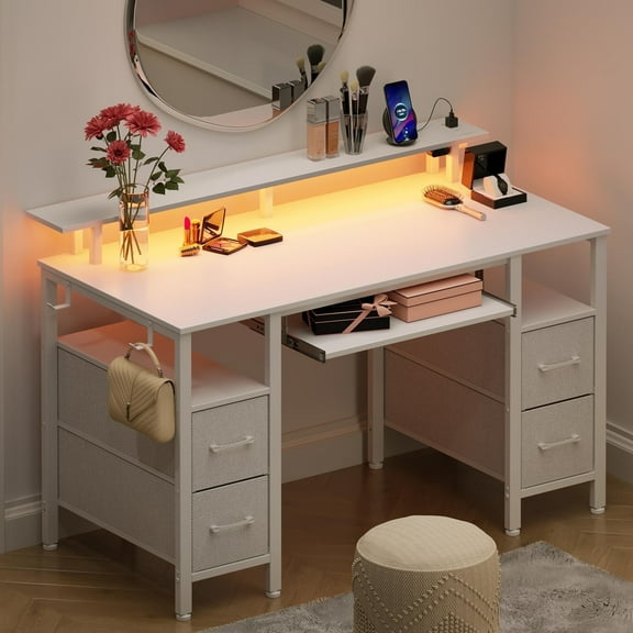Greenstell 47 inch Gaming Desk with LED Lights, I-Shaped Computer Desk with Storage Drawers, Outlets and Monitor Stand,Home Office Desk, Cream White