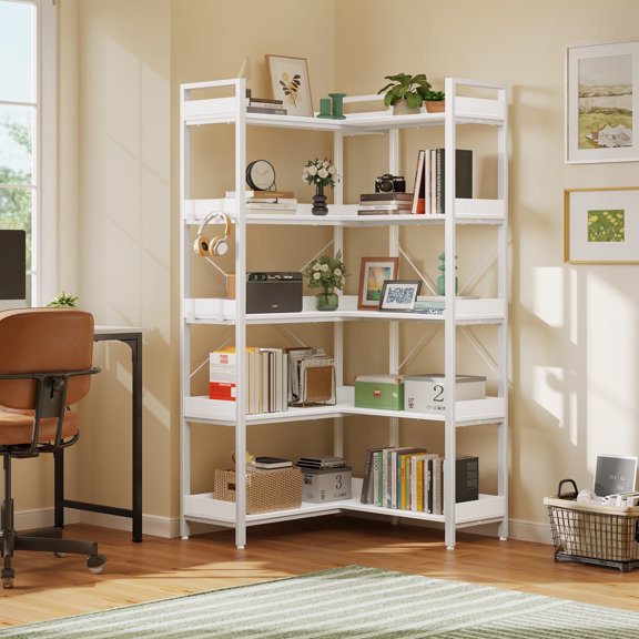 Greenstell 5-Tier Corner Shelf, Industrial Display Bookshelf, 29.49" Wide Freestanding Bookcase for Living Room Home Office, White