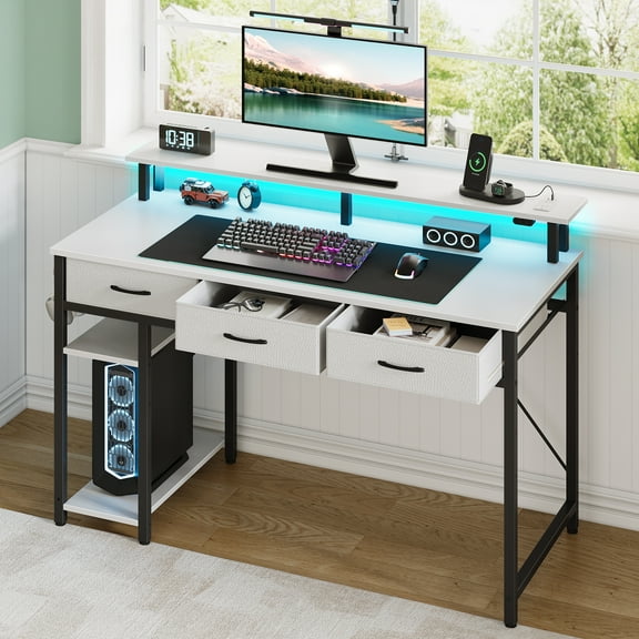 Greenstell 55" Computer Desk with Built-in Outlets & LED, 3-Drawer Office Desk with Monitor Stand, White