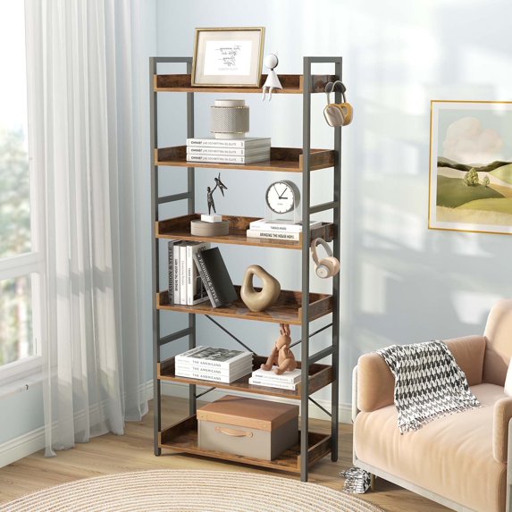 Greenstell 6-Tier Industrial Bookcase for Living Room, Bedroom, and Office, 24" Wide Storage Rack with Open Shelves,Rustic Brown